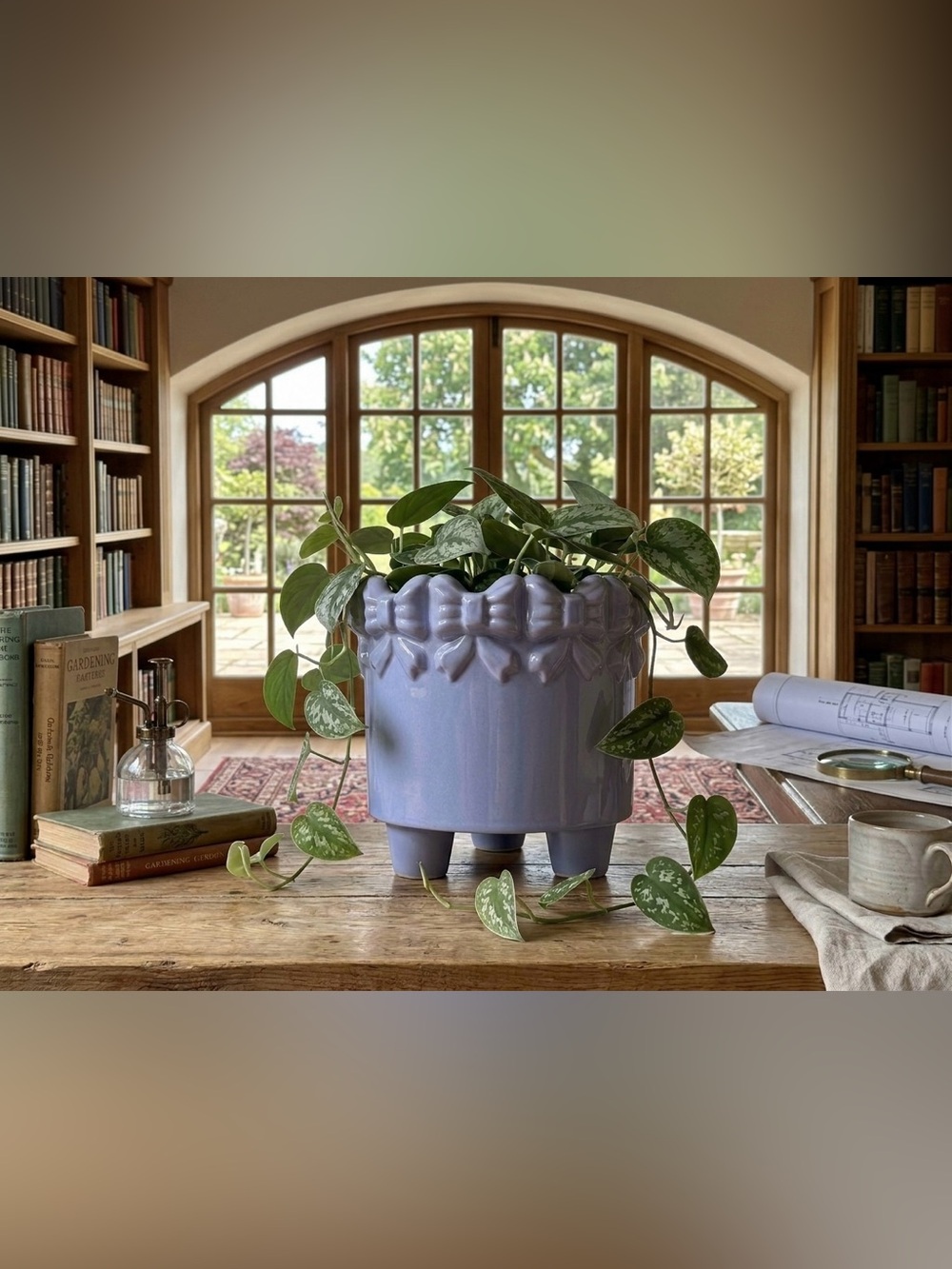 Cute Blue Ceramic Flower Pot with Drainage Hole, 6 Inch Footed Planter